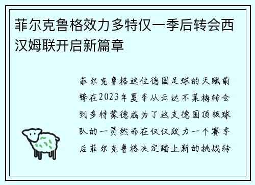 菲尔克鲁格效力多特仅一季后转会西汉姆联开启新篇章